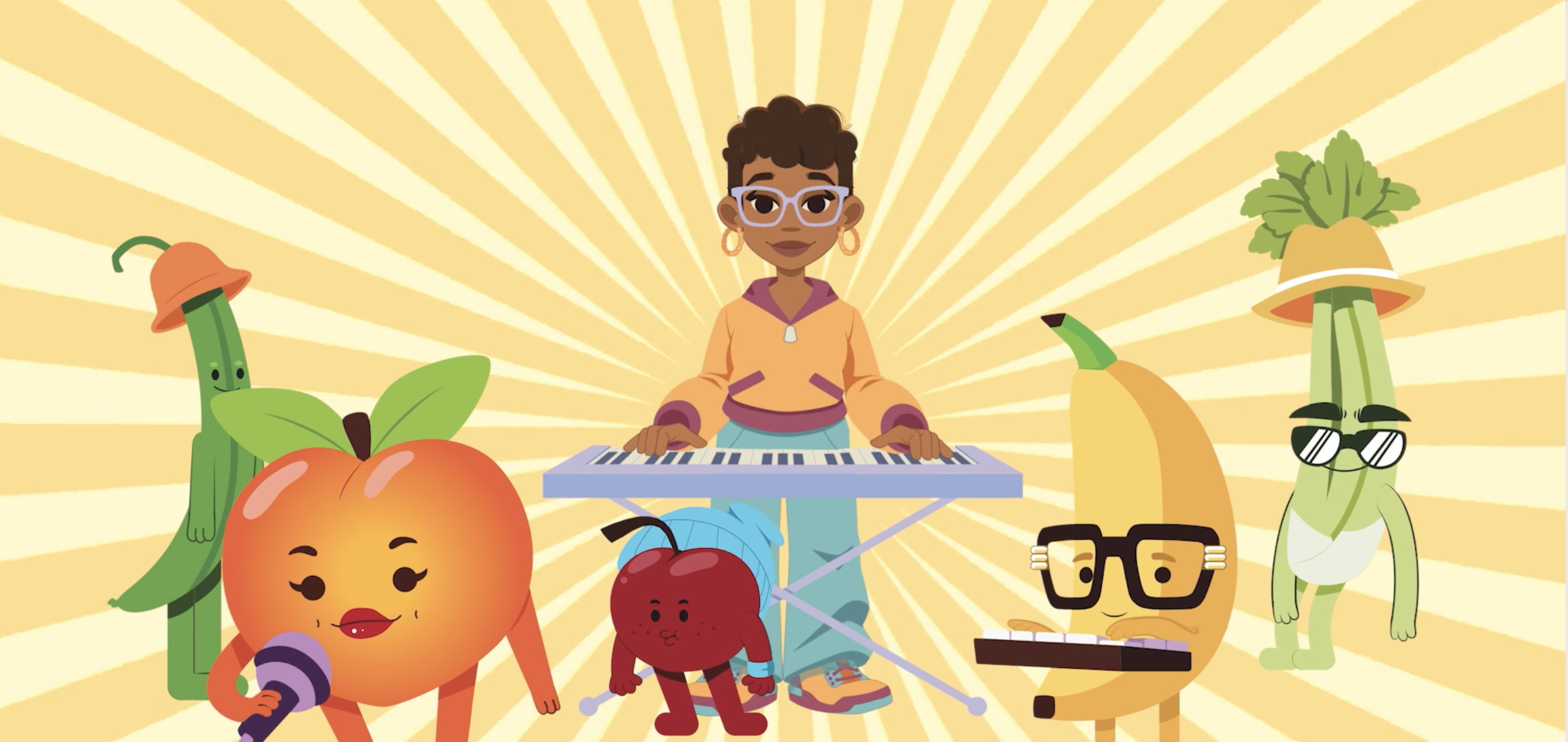 Ms. Jordan and the Whole Food Crew, a band of fruit and vegetable characters performing music together.